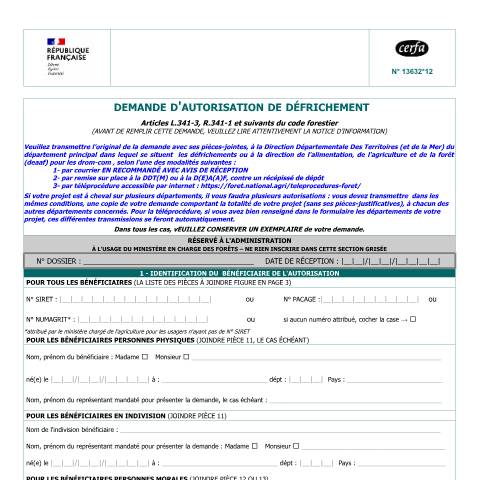 Aperçu du document Demande d'autorisation de défrichement — Particuliers, France (CERFA n°13632*11)