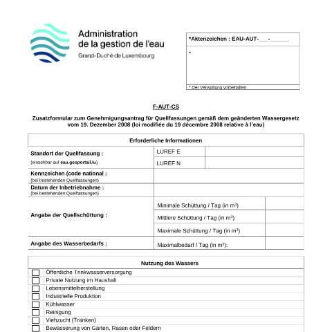 Aperçu du document de Genehmigungsantrag für Quellfassungen — Eau, Luxembourg (CERFA n°14-F-AUT-CS)