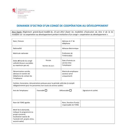 Aperçu du document Demande d’octroi d’un congé de coopération au développement — Conges, Luxembourg (CERFA n°Demande-d-octroi-d-un-conge-de-cooperation)