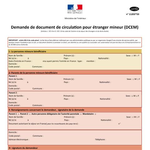 Aperçu du document Demande de document de circulation (DCEM) pour un étranger mineur — Particuliers, France (CERFA n°11203*03)