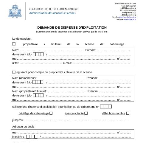 Aperçu du document Demande de dispense d’exploitation — Horeca, Luxembourg (CERFA n°dispense)