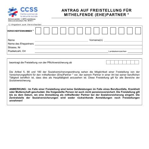 Aperçu du document de Antrag auf Freistellung für mithelfende (Ehe-)Partner — Securite sociale, Luxembourg (CERFA n°ccss-formulaire-dispense-aidants)