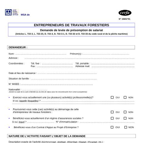 Aperçu du document Demande de levée de présomption de salariat-Entrepreneurs de travaux forestiers — Professionnels, France (CERFA n°15601*01)