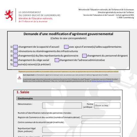 Aperçu du document Service d'éducation et d'accueil - Demande d'une modification d'agrément gouvernemental par suite — Creches foyers, Luxembourg (CERFA n°modification-agrement)
