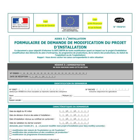 Aperçu du document Demande de modification du projet d'installation - Aide à l'installation — Professionnels, France (CERFA n°15630*01)