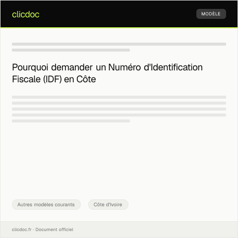 Aperçu du document Demande de numéro d'identification fiscale (IDF) — Autres modèles courants, Côte d'Ivoire