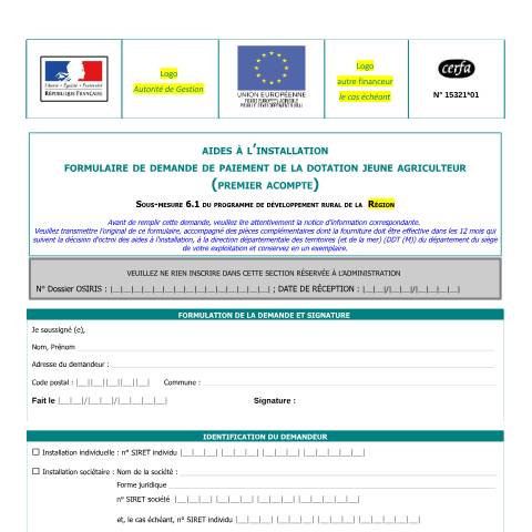Aperçu du document Demande de paiement de la dotation jeune agriculteur (DJA) - premier acompte — Professionnels, France (CERFA n°15321*01)