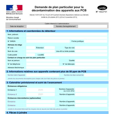 Aperçu du document Demande de plan particulier de décontamination et d'élimination des appareils contenant des PCB — Professionnels, France (CERFA n°15023*01)