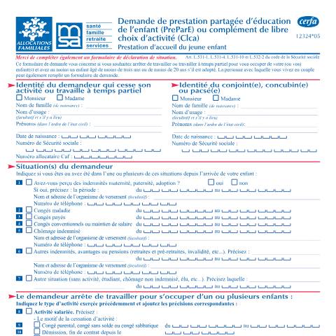 Aperçu du document Demande de PreParE (allocataire) — Particuliers, France (CERFA n°12324*05)