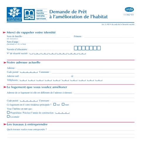 Aperçu du document Demande de prêt à l'amélioration de l'habitat (PAH) de la MSA — Particuliers, France (CERFA n°11382*03)