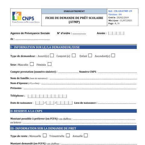 Aperçu du document FICHE DE DEMANDE DE PRET SCOLAIRE — Document CNPS (prévoyance sociale), Côte d'Ivoire