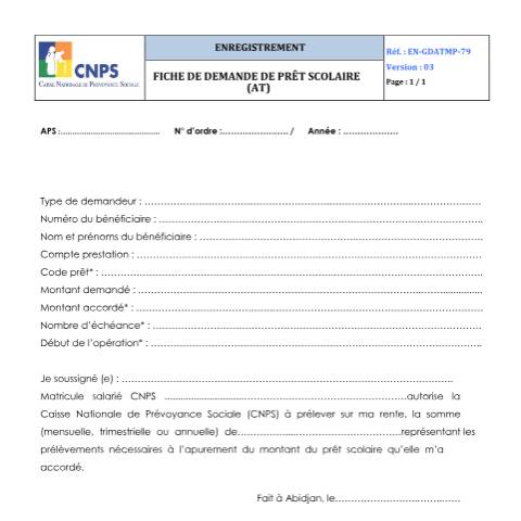 Aperçu du document FICHE DE DEMANDE DE PRET SCOLAIRE (VERSION 03) — Document CNPS (prévoyance sociale), Côte d'Ivoire