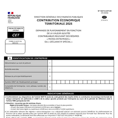 Aperçu du document Demande de dégrèvement (CET) - formulaire n°1327S-CET-SD (micro-entreprises) — Professionnels, France (CERFA n°14109)