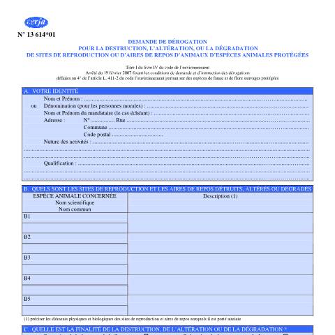 Aperçu du document Demande de dérogation pour la destruction de sites de reproduction ou d'aires de repos d'animaux d'espèces animales protégées — Professionnels, France (CERFA n°13614*01)
