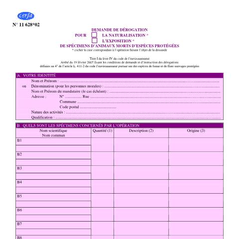 Aperçu du document Demande de dérogation pour la naturalisation ou l'exposition de spécimens d'animaux morts d'espèces protégées — Professionnels, France (CERFA n°11628*02)