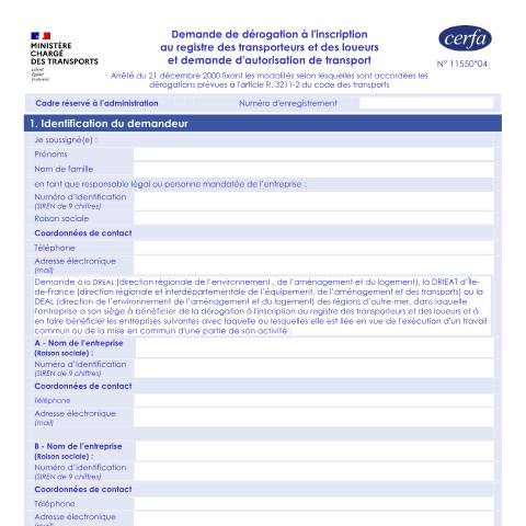 Aperçu du document Demande de dérogation à l'inscription au registre des transporteurs et des loueurs et demande de dérogation pour l'autorisation de transport — Professionnels, France (CERFA n°11550*04)