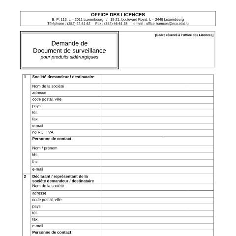 Aperçu du document Demande de document de surveillance pour produits sidérurgiques — Import export, Luxembourg (CERFA n°doc-surveillance-prod-siderurgiques)