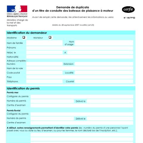 Aperçu du document Demande de duplicata d'un permis bateau de plaisance à moteur — Particuliers, France (CERFA n°14679*02)