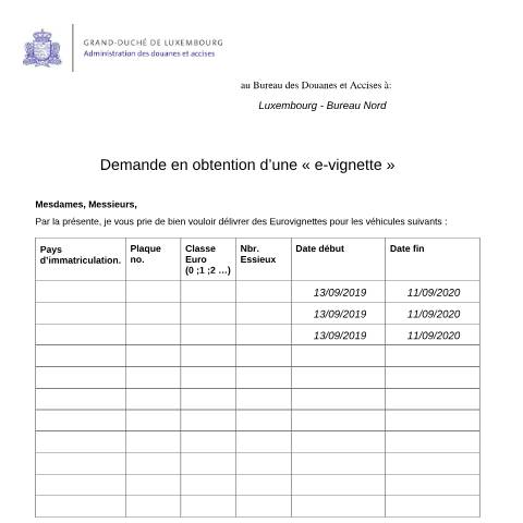 Aperçu du document e-vignette - Demande en obtention — Transport, Luxembourg (CERFA n°obtention-evignette)
