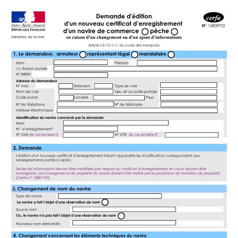 Aperçu du document Demande d'édition d'un nouveau certificat d'enregistrement d'un navire de commerce ou de pêche — Professionnels, France (CERFA n°15808*03)