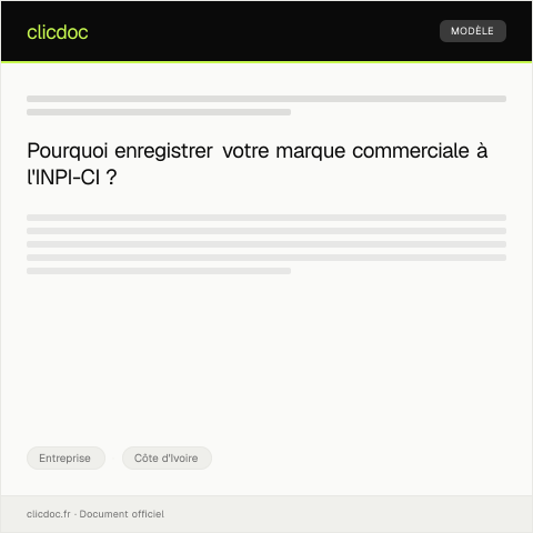 Aperçu du document Demande d’enregistrement de marque commerciale auprès de l’INPI-CI — Entreprise, Côte d'Ivoire