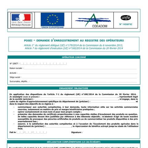 Aperçu du document POSEI - Demande d'enregistrement au registre des opérateurs — Professionnels, France (CERFA n°14558*02)