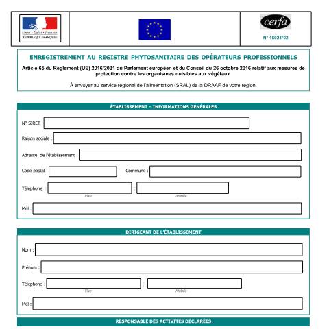 Aperçu du document Demande d'enregistrement au registre phytosanitaire des opérateurs professionnels — Professionnels, France (CERFA n°16024*02)