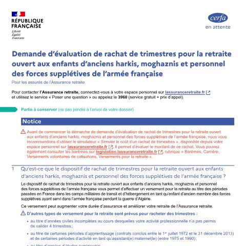 Aperçu du document Demande d'évaluation de rachat de trimestres pour la retraite en tant qu'enfant d'ancien harki — Particuliers, France (CERFA n°15396*02)
