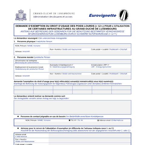 Aperçu du document e-vignette - Demande en exemption — Transport, Luxembourg (CERFA n°exemption-evignette)