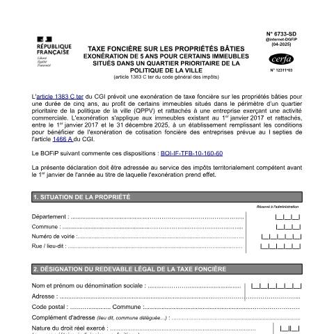 Aperçu du document Demande d'exonération de taxe foncière sur les propriétés bâties (TFPB) en faveur des commerces situés dans un quartier prioritaire de la ville — Professionnels, France (CERFA n°12311)
