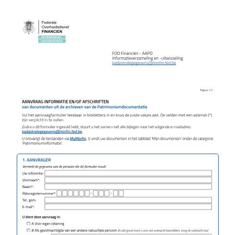 Aperçu du document versie voor particulieren (PDF, 1.17 MB) — Hoe vraag ik een kadastraal archiefstuk aan?, Belgique (CERFA n°20250827-form-aanvraag-kadastrale-archiefstukken-part)