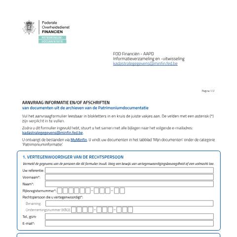 Aperçu du document versie voor professionelen (PDF, 616.06 KB) — Hoe vraag ik een kadastraal archiefstuk aan?, Belgique (CERFA n°20250827-form-aanvraag-kadastrale-archiefstukken-pro)