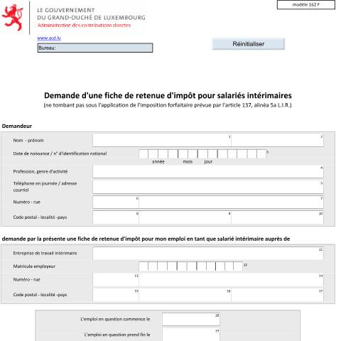 Aperçu du document Demande d'une fiche de retenue d'impôt pour salariés intérimaires dont le salaire brut horaire convenu dépasse 25 EUR — Formulaires fiscaux, Luxembourg (CERFA n°162 F)