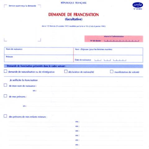 Aperçu du document Demande de francisation des nom et prénom(s) — Particuliers, France (CERFA n°65-0054)