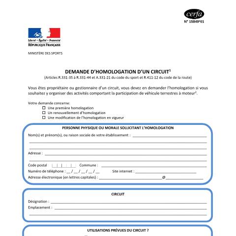 Aperçu du document Demande d'homologation d'un circuit — Particuliers, France (CERFA n°15849*01)