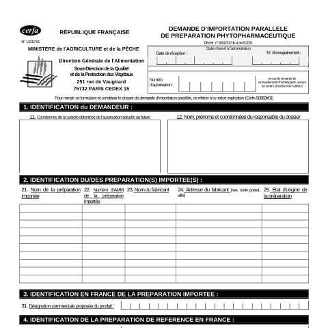 Aperçu du document Demande d'importation parallèle de préparation phytopharmaceutique — Professionnels, France (CERFA n°11911*01)