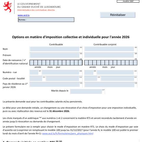 Aperçu du document L'ACD recommande de faire la demande via la démarche en ligne sans authentification Luxtrust ( Demande d’individualisation / taux RTS ) disponible sur Guichet.lu . Le modèle 166 peut servir de demande aux contribuables résidents mariés afin d'être imposés individuellement, ainsi qu'aux contribuables — Formulaires fiscaux, Luxembourg (CERFA n°166 F)