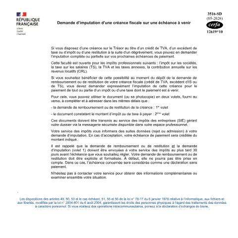 Aperçu du document Demande d'imputation d'une créance fiscale sur une échéance à venir — Professionnels, France (CERFA n°12619)