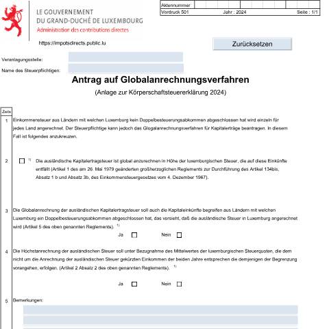 Aperçu du document Anlage: "Antrag auf Globalanrechnungsverfahren" — Annexes, Luxembourg (CERFA n°501 D)