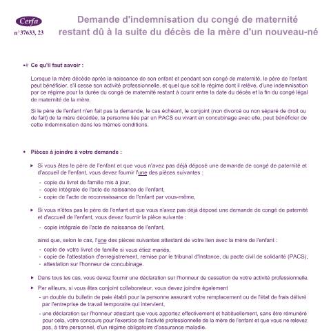 Aperçu du document Demande d'indemnisation du congé de maternité restant dû à la suite du décès de la mère d'un nouveau-né — Particuliers, France (CERFA n°15411)