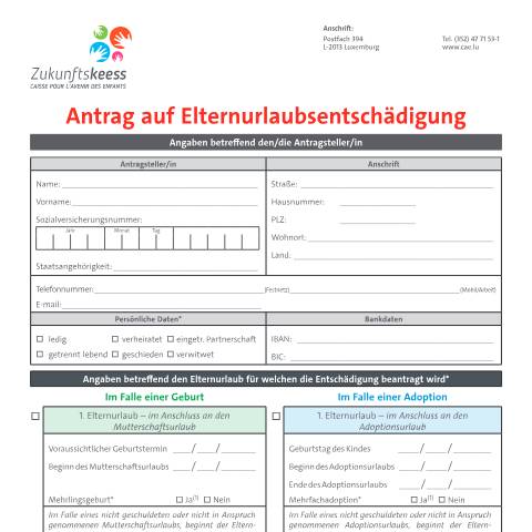 Aperçu du document de Antrag auf Elternurlaubsentschädigung — Conges, Luxembourg (CERFA n°demande-indemnite-conge-parental)