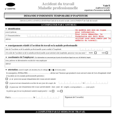 Aperçu du document Demande d'indemnité temporaire d'inaptitude — Particuliers, France (CERFA n°14103*01)