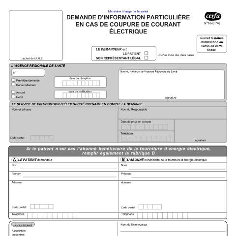 Aperçu du document Demande d'information particulière en cas de coupure de courant électrique — Particuliers, France (CERFA n°10401*02)