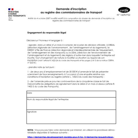 Aperçu du document Demande d'inscription au registre des commissionnaires de transport — Professionnels, France (CERFA n°16092*02)
