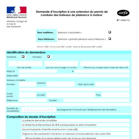 Aperçu du document Permis de conduire des bateaux de plaisance à moteur : demande d'inscription à une extension — Particuliers, France (CERFA n°14680*02)