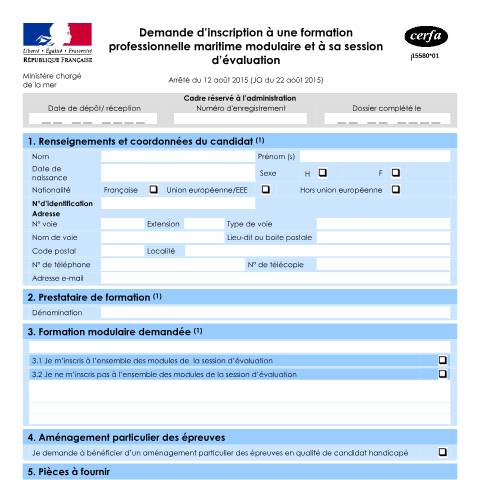 Aperçu du document Demande d'inscription à une formation professionnelle maritime modulaire et à sa session d'évaluation — Professionnels, France (CERFA n°15580*01)