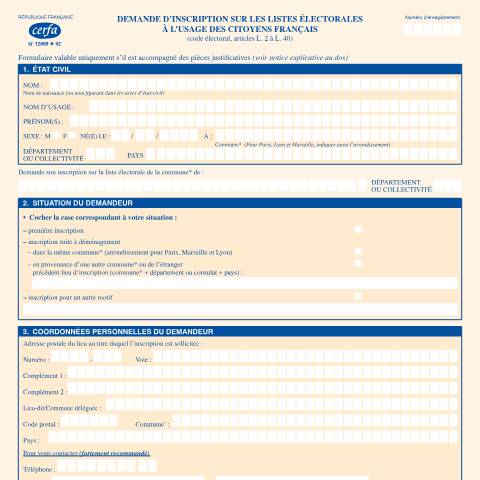 Aperçu du document Demande d'inscription sur les listes électorales — Particuliers, France (CERFA n°12669*02)