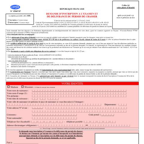 Aperçu du document Demande d'inscription à l'examen et de délivrance du permis de chasser — Particuliers, France (CERFA n°13945*07)