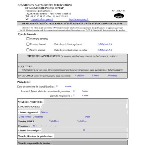 Aperçu du document Demande d'inscription ou de renouvellement d'une publication de presse — Professionnels, France (CERFA n°12352*07)