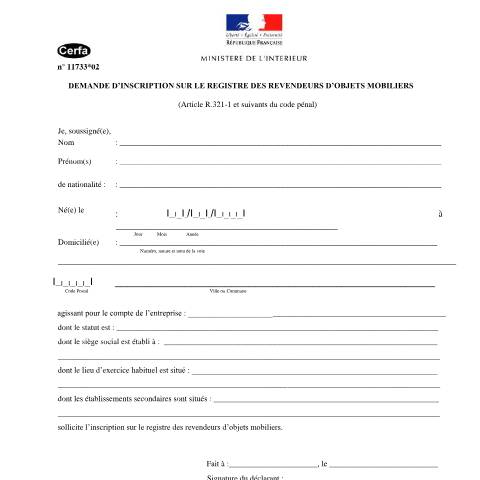 Aperçu du document Demande d'inscription sur le registre des revendeurs d'objets mobiliers — Professionnels, France (CERFA n°11733*02)